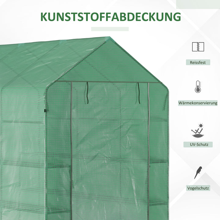 Plastikdrivhus, walk-in drivhus med 8 hylder, tomatdrivhus, drivhus, kold ramme med dør, grøn stål, pe-plast 214 x 143 x 195 cm