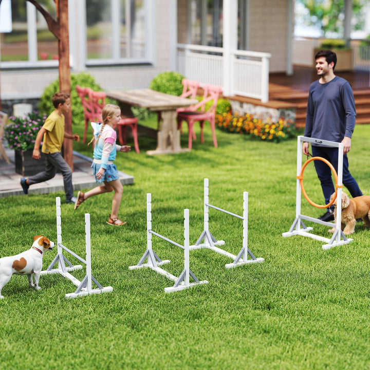 Agility set hunde 4-delt agilityudstyr til hundetræning med højdejusterbare hækkedæk hvide