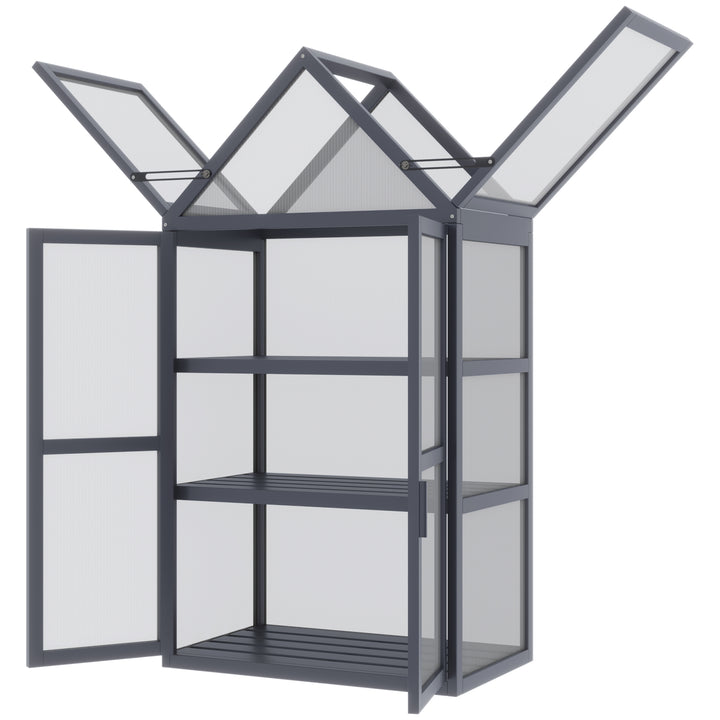 Mini-drivhus til koldt stel, 3 niveauer, drivhusplantebed med hængslet tag, dobbeltdøre, lavet af træ, polycarbonat, vejrbestandig, naturlig 70,5 x 42 x 132 cm