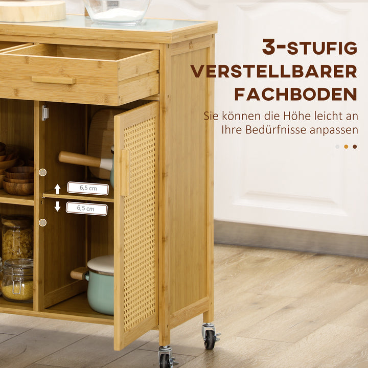 Bambus køkkenvogn, multifunktionsvogn, serveringsvogn, 2 skuffer, 1 skab, 2 hylder, naturfarvet