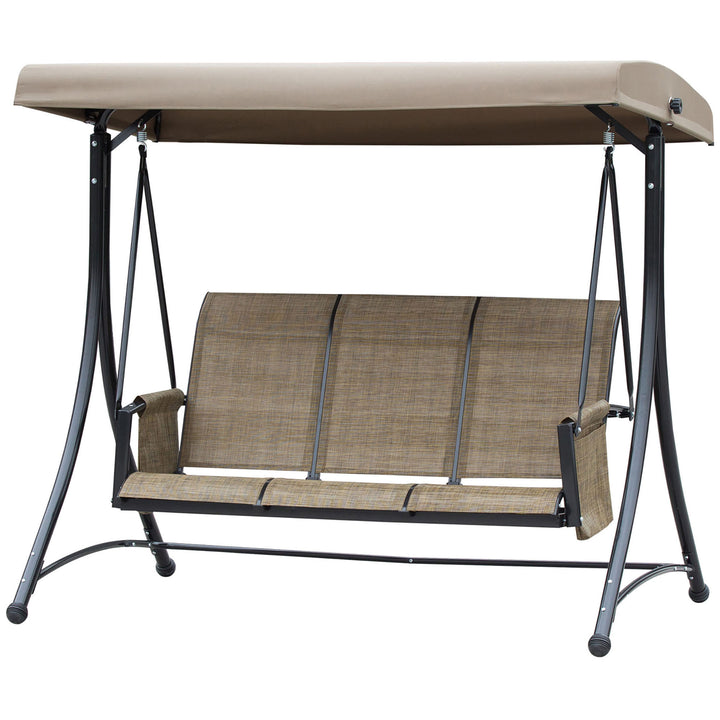 3-Personers verandagynge, havegynge med soltag, gyngebænk med opbevaring, aluminium, 196 x 128 x 172 cm, brun