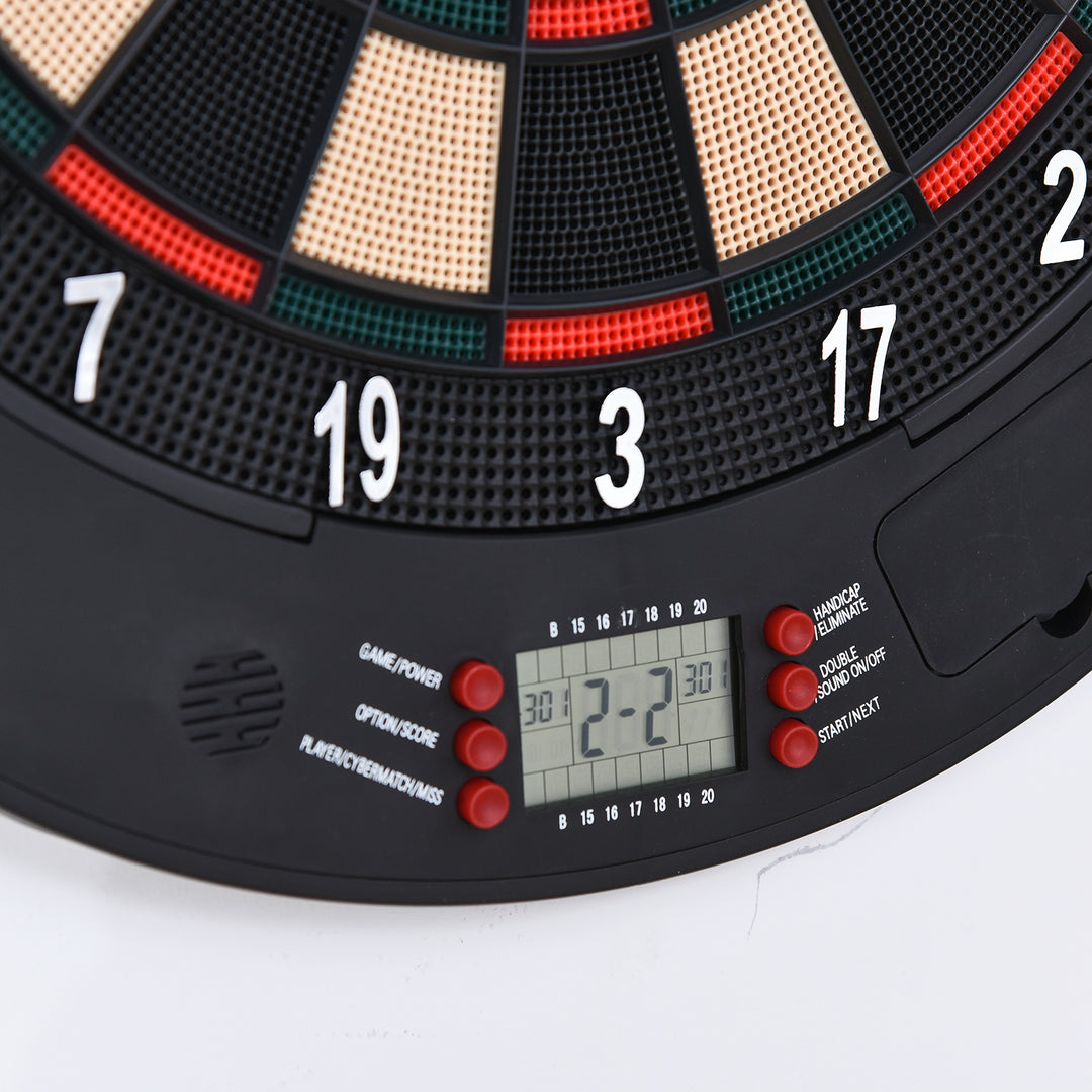 Elektronisk dartskive med stemmemeddelelser (engelsk stemme), LED-displays, 6 dart, 26 spil, 185 variationer, dartmaskine med dør, dartskivesæt til op til 8 spillere