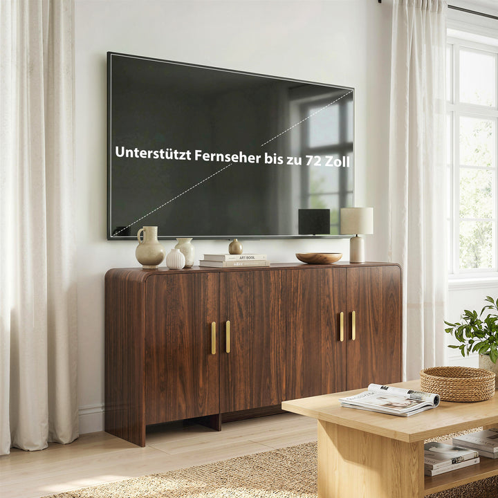 152 cm køkkenskænk med 4 soft-close døre, TV-skab til stuekøkken, valnøddebrun