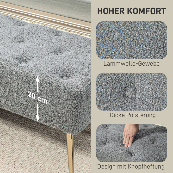 Sengebænk, siddebænk, blødt lammeuldsbetræk, op til 120 kg, forgyldte stålben, 112 x 41 x 46 cm, grå