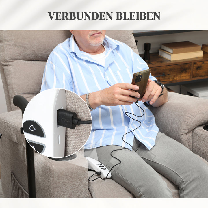 Massagestol med stand-up-funktion, 8 vibrationsmassagepunkter, elektrisk polstret stol med 2 fjernbetjeninger, lysebrun