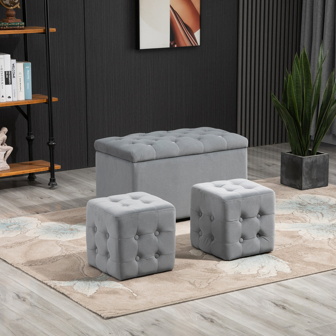 3-Delt opbevaringssæt, 2 x puffer, polstret kommode, fodskammel, opbevaringsboks, fodstøtte, lasteevne op til 130 kg, mikrofiberstof, skum, 75 x 40 x 42 cm, lysegrå