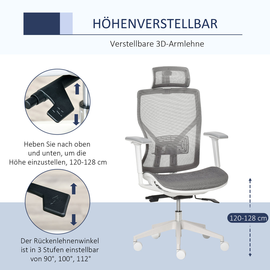 Kontorstol, skrivebordsstol, drejestol, gamingstol med nakkestøtte, lændehynde, 3d-armlæn, 3 niveauer, 360° drejelige hjul, højdejusterbar, ergonomisk, netstof, skum, grå, 67 x 65 x 120-128 cm