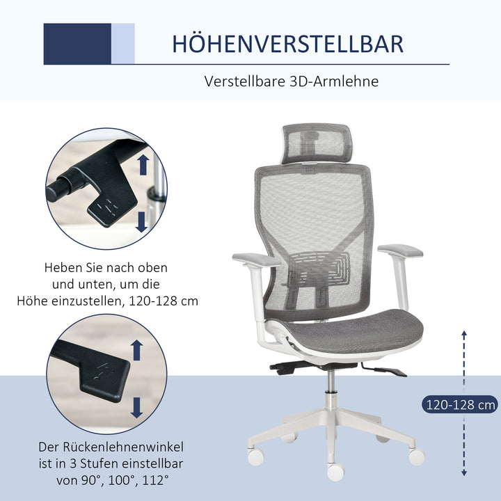 Kontorstol, skrivebordsstol, drejestol, gamingstol med nakkestøtte, lændehynde, 3d-armlæn, 3 niveauer, 360° drejelige hjul, højdejusterbar, ergonomisk, netstof, skum, grå, 67 x 65 x 120-128 cm