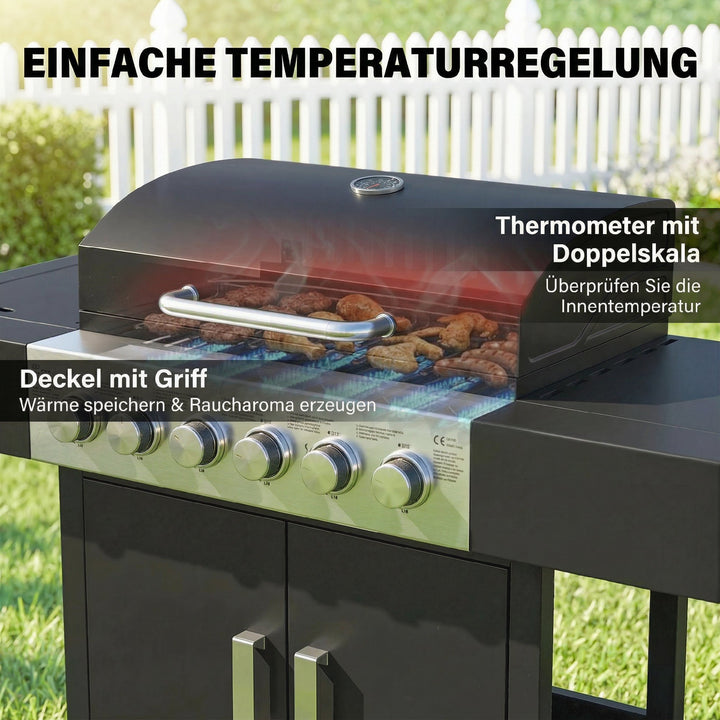 Gasgrill 17,8 kW 6+1 brænder BBQ grillvogn lavet af rustfrit stål inklusive hjul, sidebrænder, termometer, emaljeret grillrist