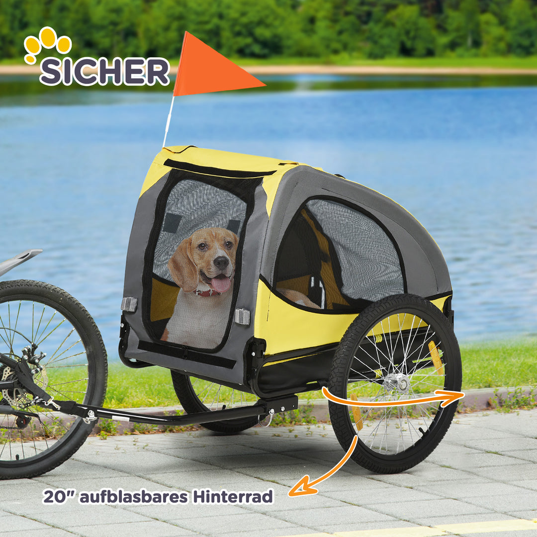 Hundetrailer op til 20 kg, netvindue, rulleovertræk, universalkobling, stålramme, gul, 140 x 71 x 83 cm