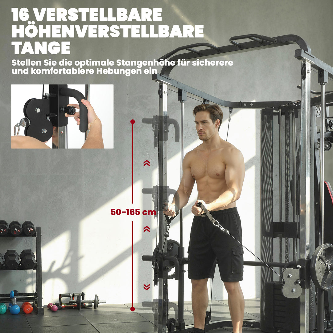 Power rack fitnessstation med 65 kg vægte, lat pulldown, butterfly bar, justerbar preacher bænk, bentræner