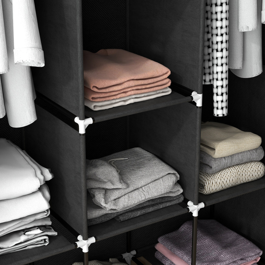 Stofgarderobe, opbevaringsløsning, 8 hylder, 2 garderobestativer, sort