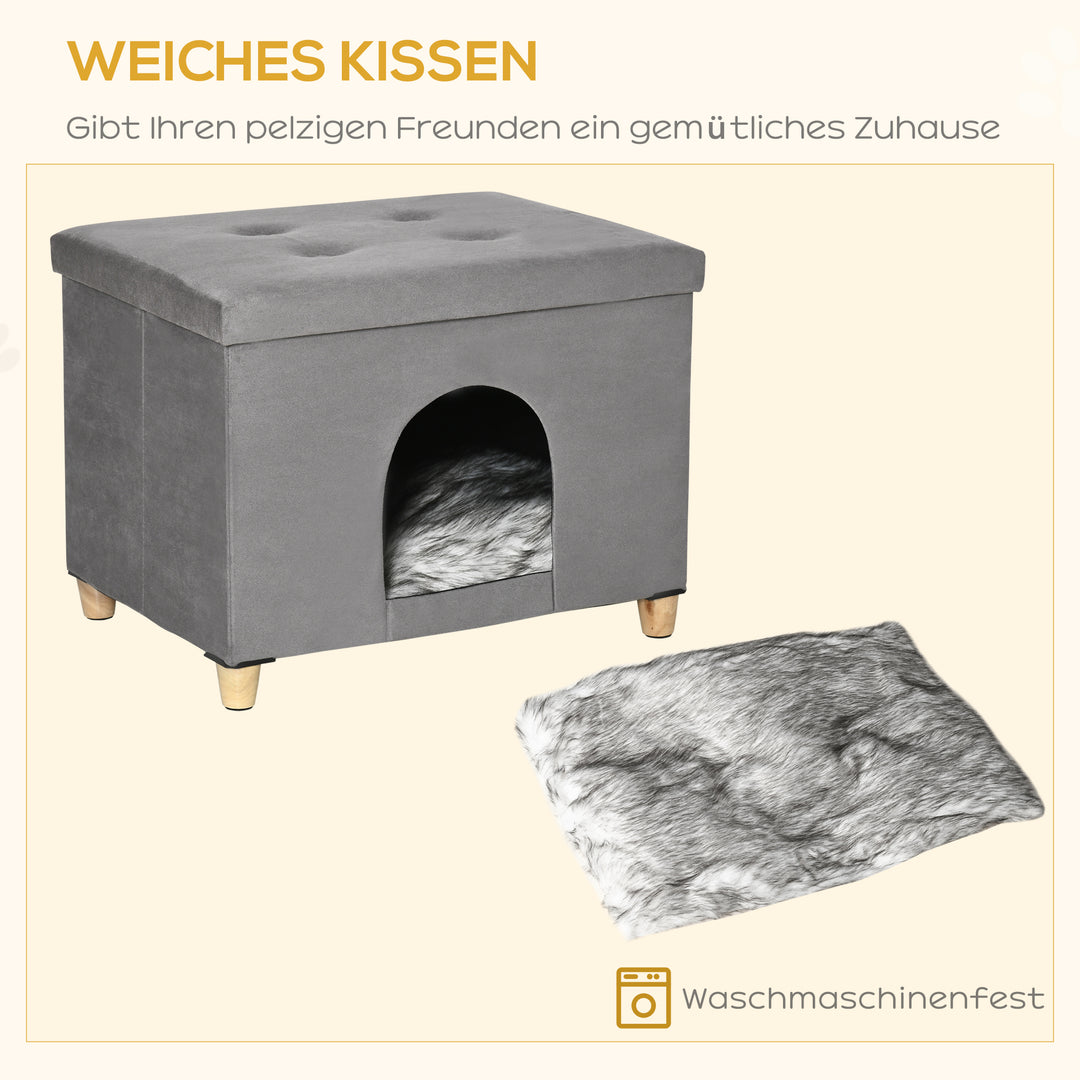 2-I-1 kattehule fodskammel med hynde træben kattehus kattekurv blød polstret fodskammel elegant design aftagelig mdf plys grå 60 x 45 x 44,5 cm