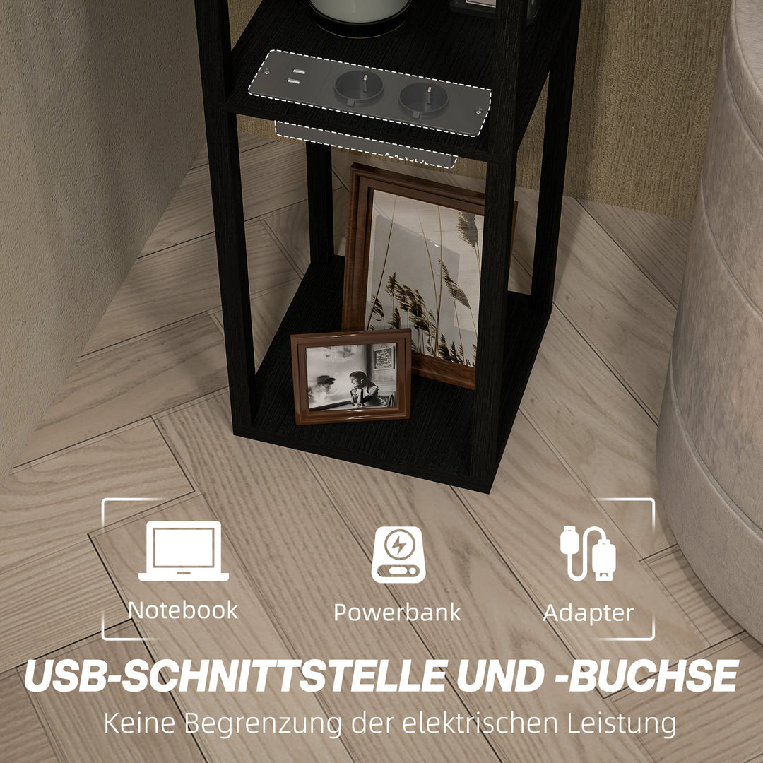 Gulvlampe med 3-lags hylde, fodkontakt, usb-porte, mdf, sort