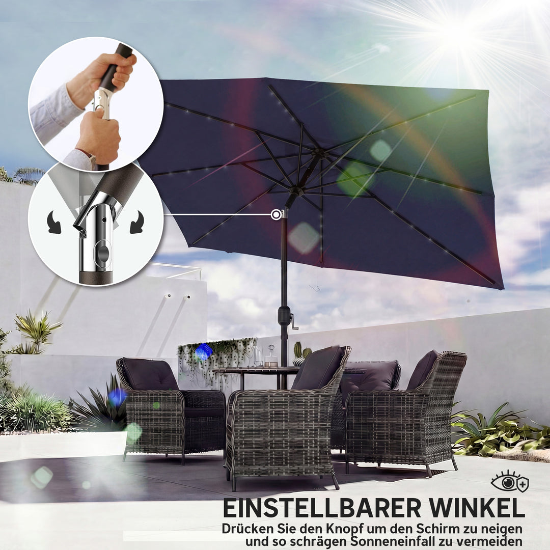 LED solcelleparasol, ca. 300 x 200 cm, vipbar balkonparasol med håndsving, beskyttelsesovertræk, UV-beskyttelse, drejelig, marineblå