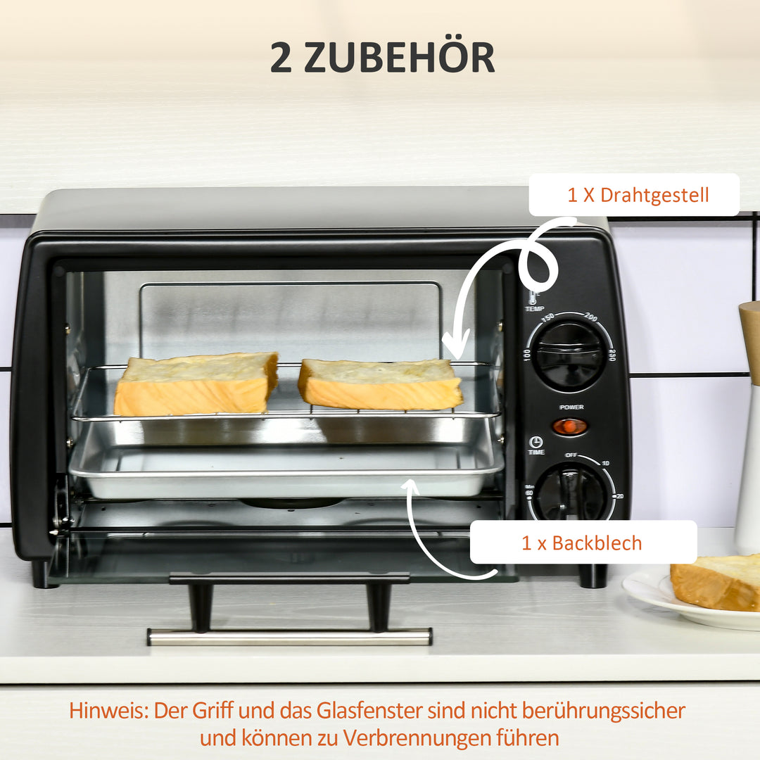 Miniovn brødristerovn, 1 bageplade, 1 grillrist, 10 l kapacitet, timerfunktion, 36,5 cm x 26 cm x 22 cm, sort