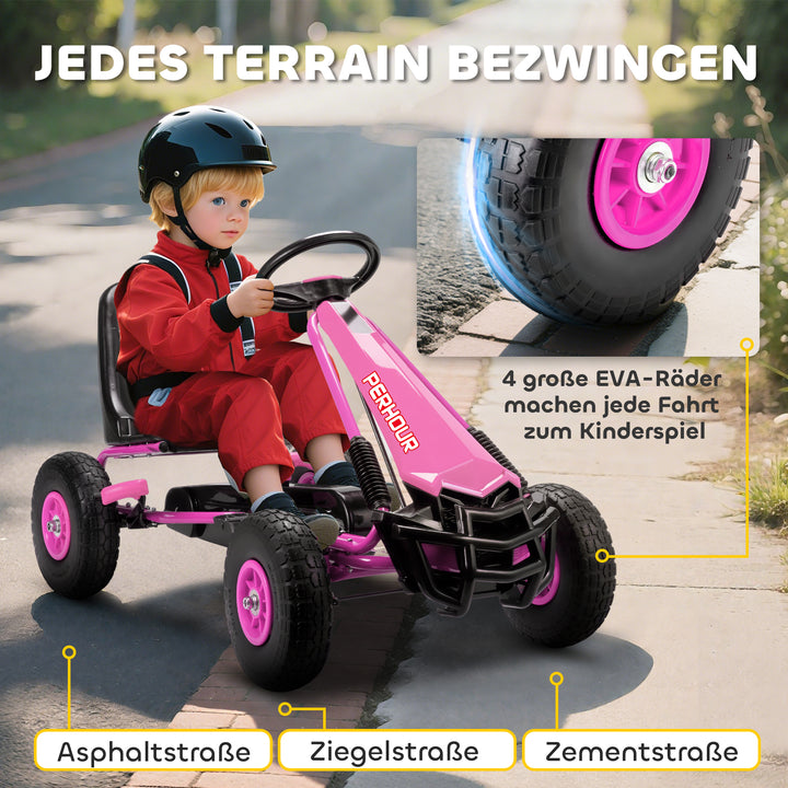 Pedal-gokart til børn, højdejusterbart sæde, EVA-hjul, bremse, kobling, alder 3-8, pink