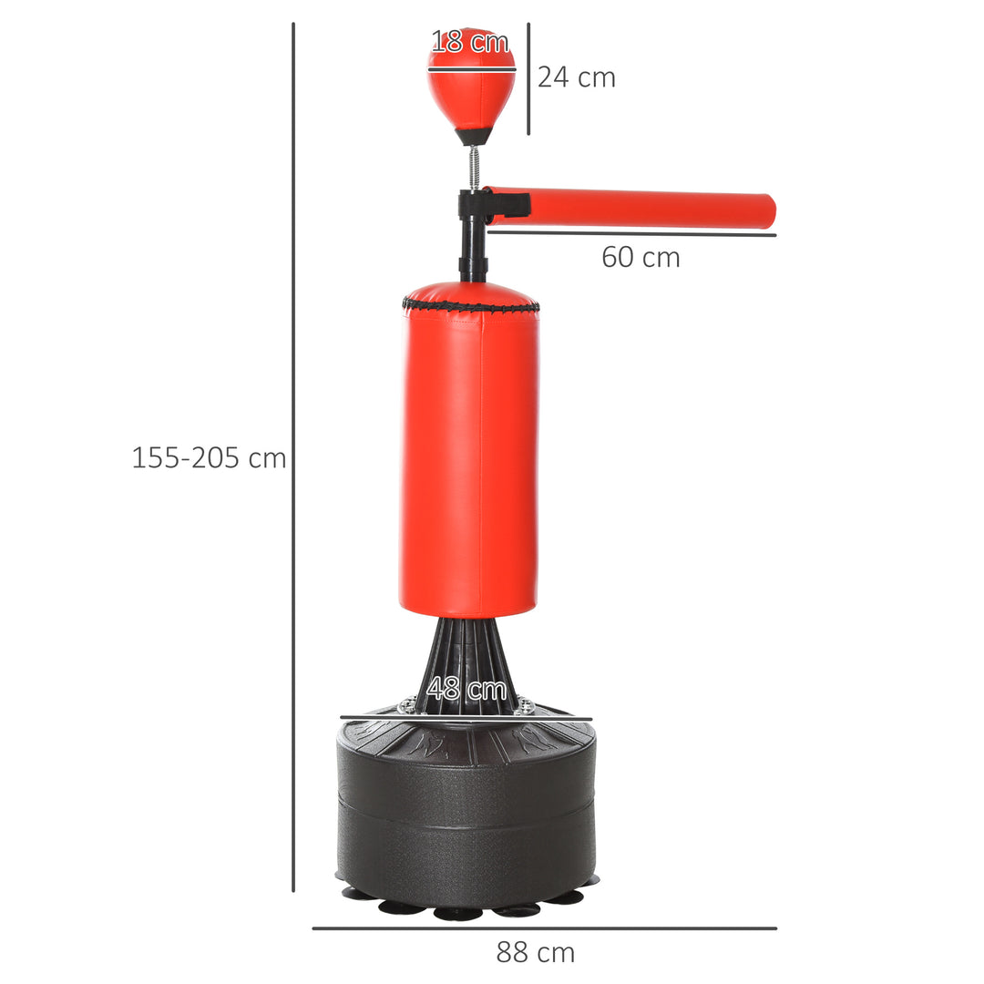 Stående boksesæk boksetræningsredskab med refleksbold, 360° roterende stang, sugekopbase, sand-/vandfyldbar, stående bokseassistent med handsker, luftpumpetræningsboksesæk 88 x 48 x 155-205 cm