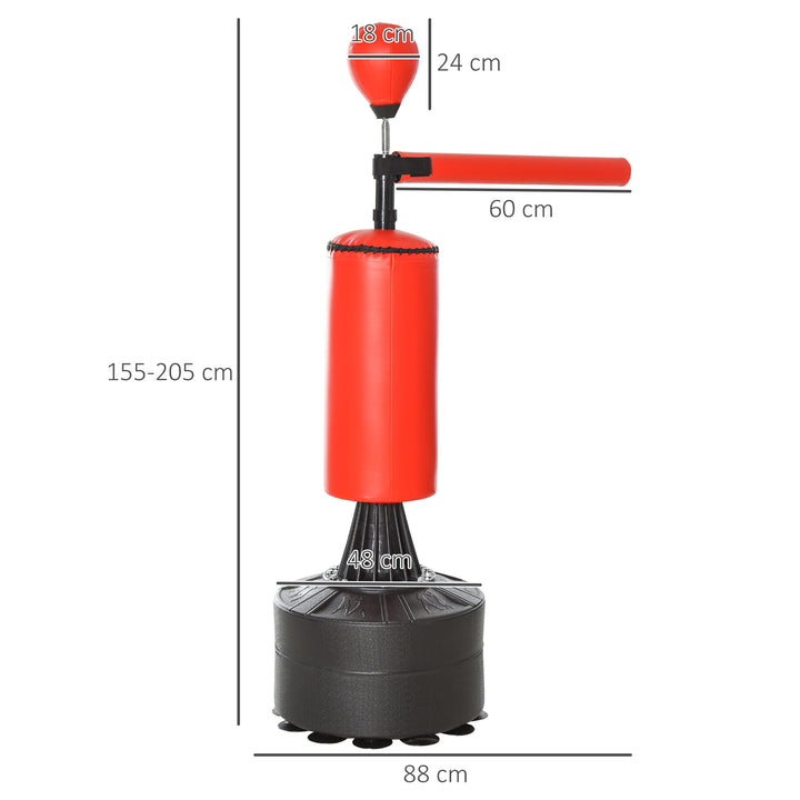 Stående boksesæk boksetræningsredskab med refleksbold, 360° roterende stang, sugekopbase, sand-/vandfyldbar, stående bokseassistent med handsker, luftpumpetræningsboksesæk 88 x 48 x 155-205 cm