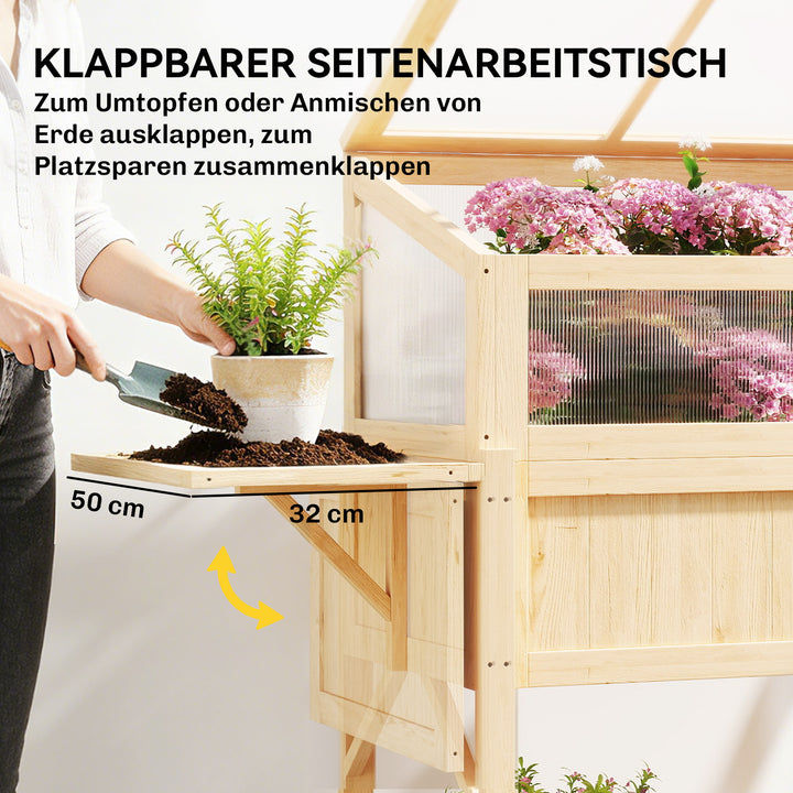 Højbed med kold ramme af træ, plantekasse med drivhus, foldbar, sidebord, opbevaringsrum, naturtræ