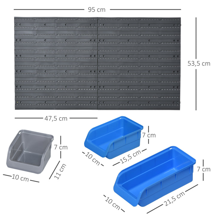 Værktøjsvæg 44 dele med stabelbare beholdere 54 x 22 x 95 cm plast blå