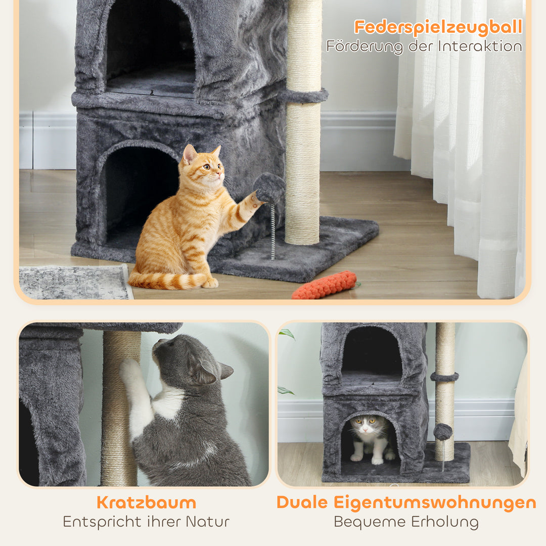 Kradsetræ til katte, kattetårn, 2 huler, platform, sisalstolper, kompakt, mørkegrå