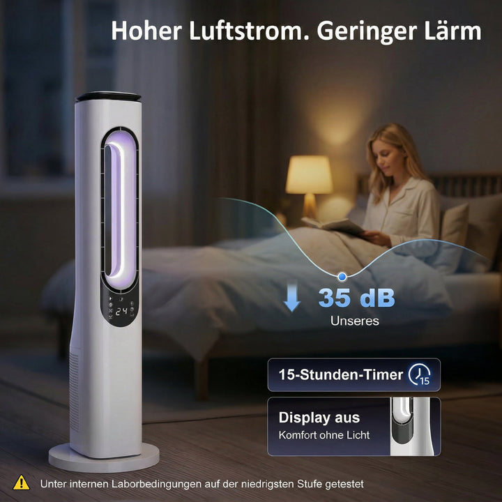 Rotorløs tårnventilator til soveværelser, 35 dB støjsvag standerventilator med 50° oscillation, LED-lys, 3 hastigheder, 15-timers timer, hvid