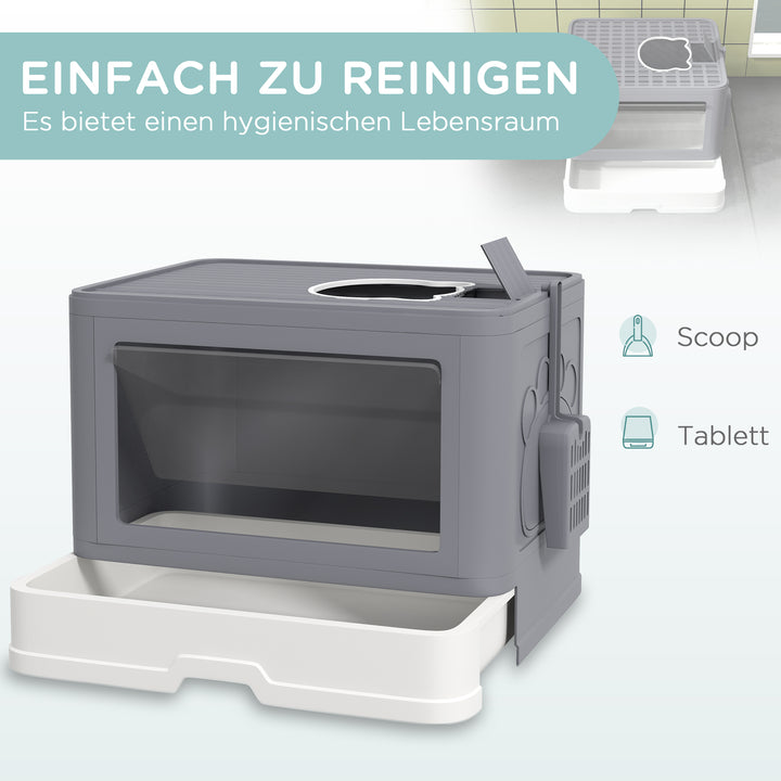 Kattebakke med låg, 2 udløb, 48,5 x 38 x 36,5 cm, grå + hvid