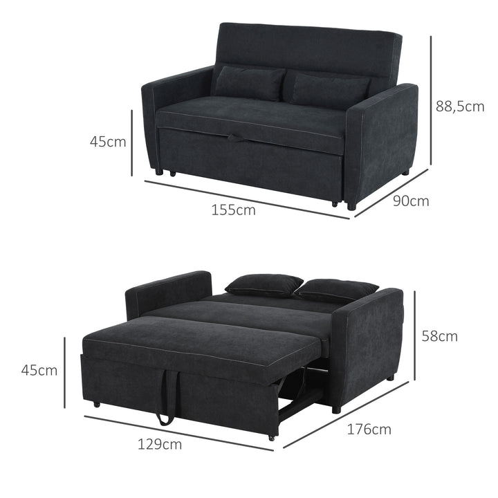 2-Personers sofa med sengefunktion, justerbar ryglæn, polstret sofa, fløjlslook, til stue, soveværelse, sort