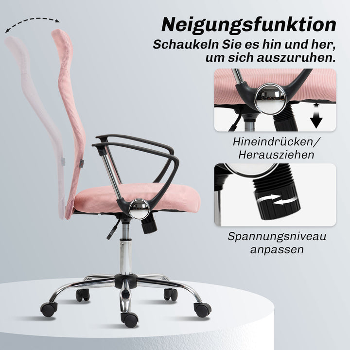 Ergonomisk kontorstol, højdejusterbar drejestol med vippefunktion, netpolstring, 63 x 65 x 109-119 cm, lyserød