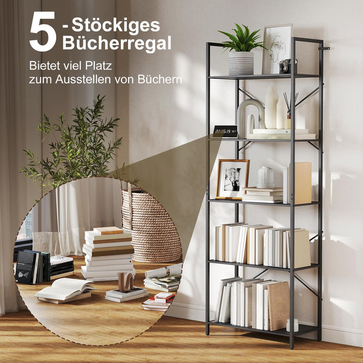 Bogreol, fritstående hylde med 5 hylder, industriel kontorreol med metalramme, åben opbevaringsreol til stue, kontor, arbejdsværelse, 60x30x170,5 cm, sort
