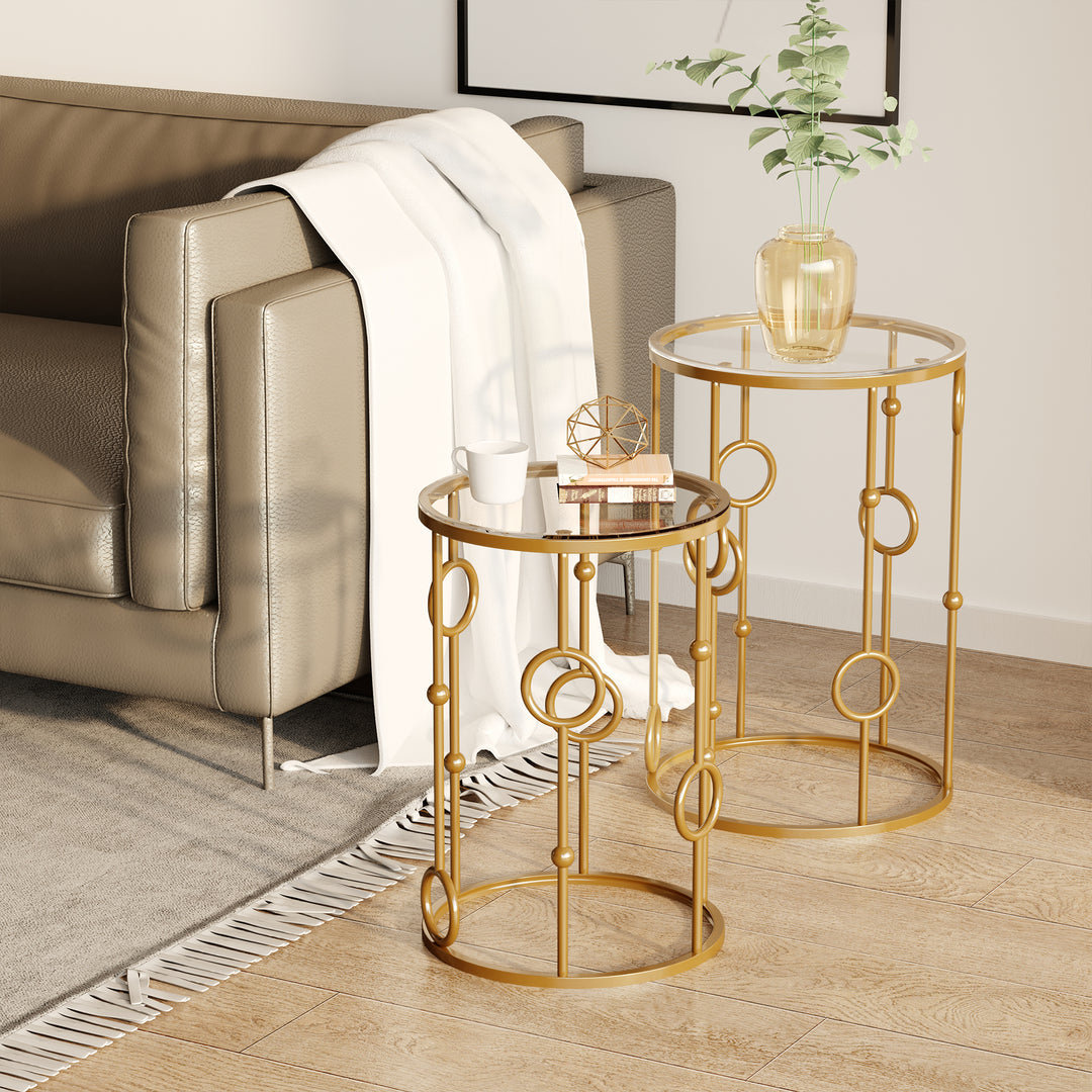 Sæt med 2 sofaborde, sideborde med glasplade, stueborde med dæk- og kugledesign, 41 x 57 cm, guld