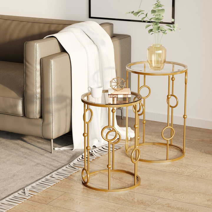 Sæt med 2 sofaborde, sideborde med glasplade, stueborde med dæk- og kugledesign, 41 x 57 cm, guld