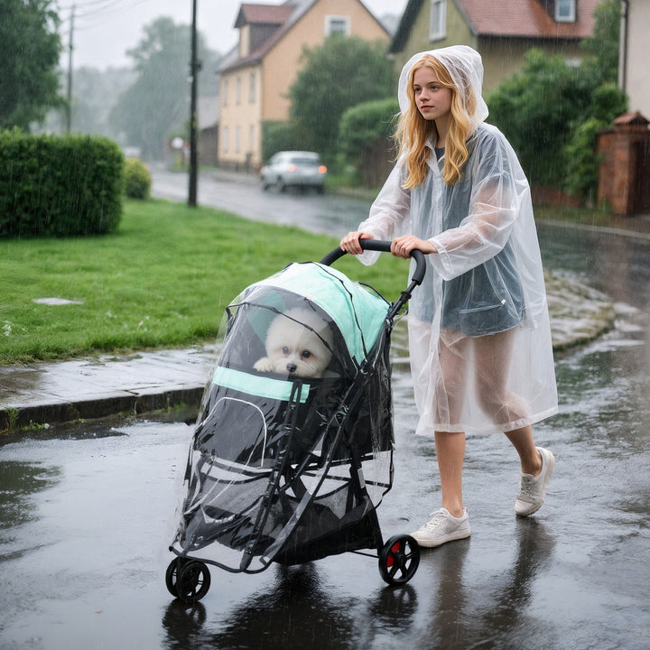 Kæledyrsklapvogn, sammenklappelig hundeklapvogn med regnslag og 2 kopholdere, blå + grøn