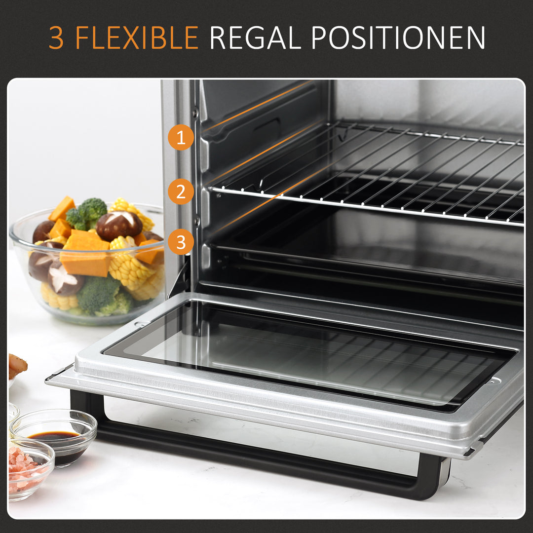 Miniovn 32l 100°c-230°c 1600 w miniovn med bageplade krummebakke grillrist og 3 tilberedningstilstande pizzaovn med timer bagepladehåndtag rustfrit stål sølv