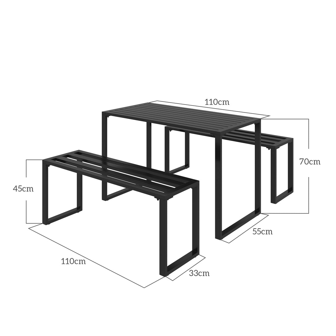 Havemøbelsæt til 4 personer, 1 bord og 2 bænke, metal, sort