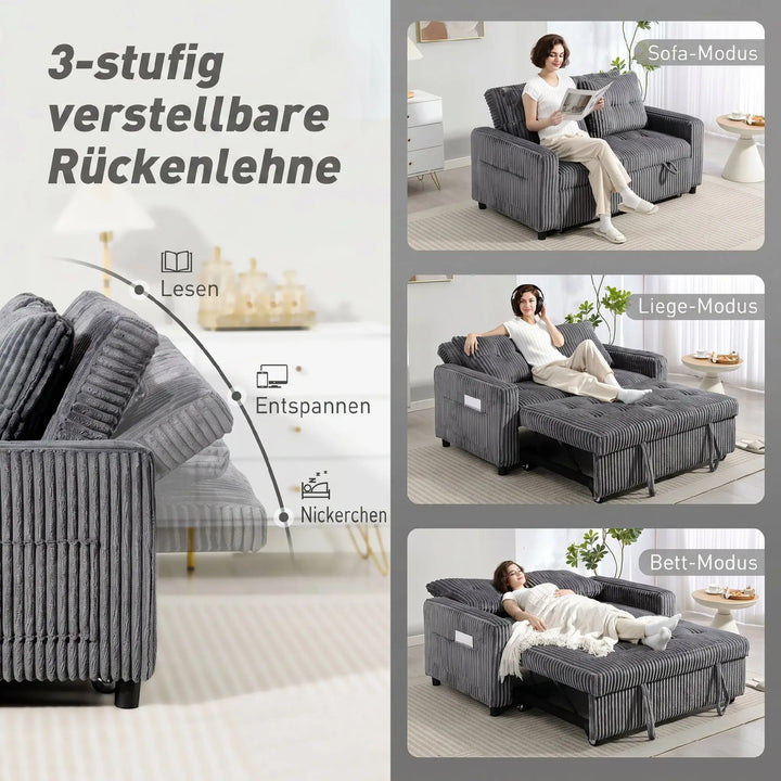 2-personers sovesofa i fløjl, omdannes nemt til seng, inkl. 2 puder og sidelommer, 157 x 190 cm, mørkegrå