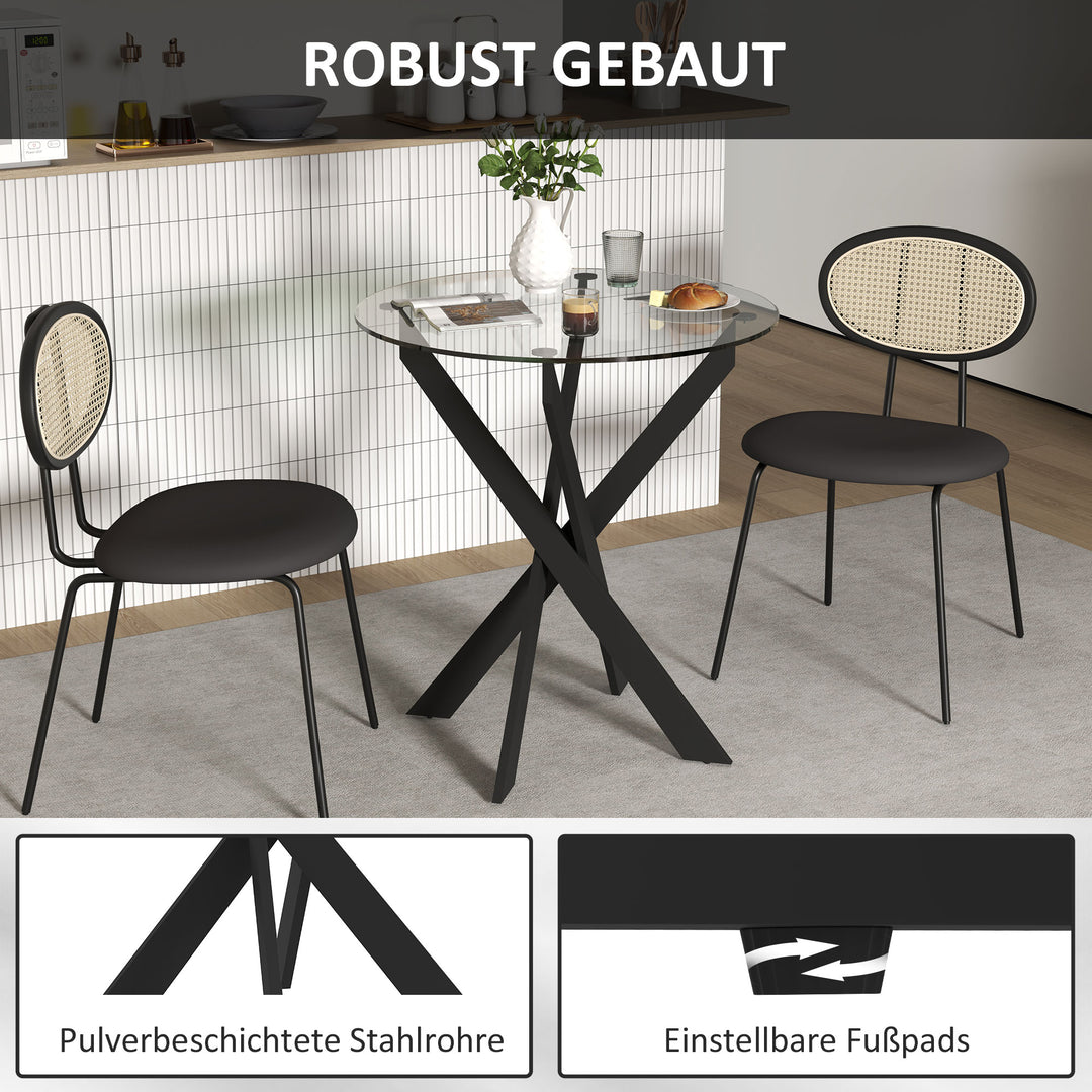 Moderne glas spisebord, 70 cm diameter, køkkenbord med hærdet glasplade og metalben, til 4 personer