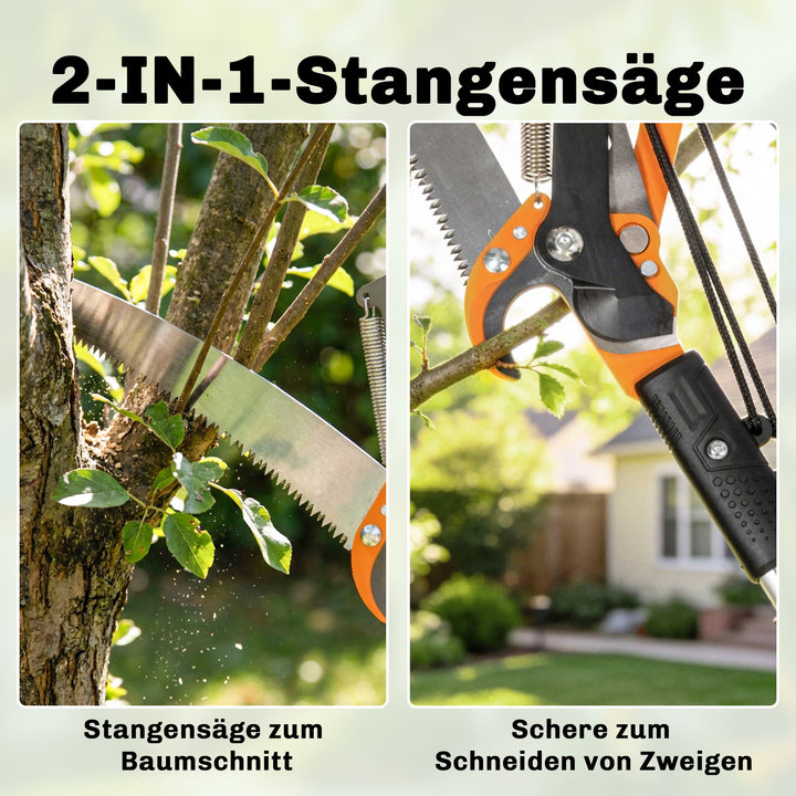 2-i-1 grenrundsav med integreret grensaks, trærundsav med teleskophåndtag 135/172/199 cm til høje grene, orange