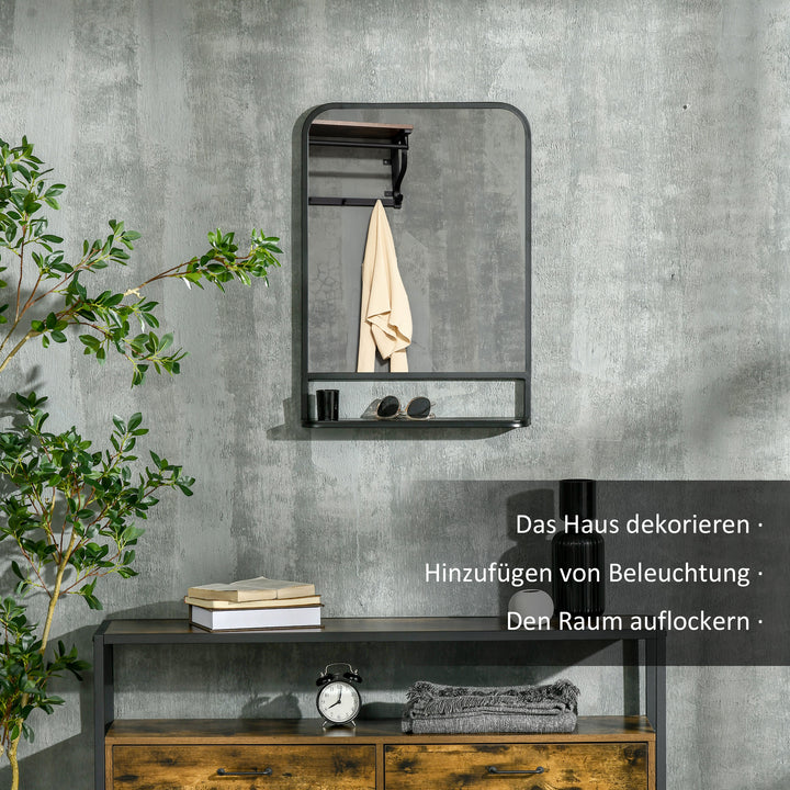 Vægspejl med metalramme, afrundede kanter, 1 hylde 70 cm x 10,2 cm x 50 cm Sort + Sølv