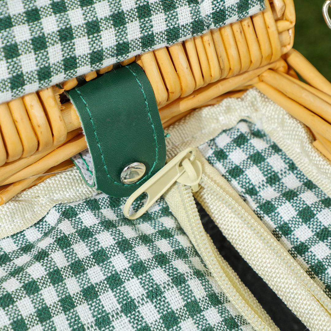Picnickurv lavet af piletræ picnickasse til 2 personer med isoleret kølerum bestiksæt lysebrun