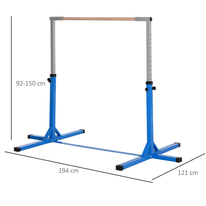 Gymnastikstang, 13 niveauer højdejusterbar, træ- og robust stålkonstruktion, lasteevne op til 75 kg, til 3+ børn, indendørs/udendørs, blå