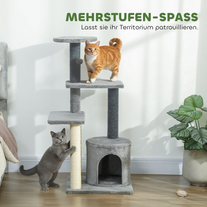 Kradsetræ 103 cm med kattehule, platforme, sisal kradsetræer, plysbold til katte op til 5 kg, grå