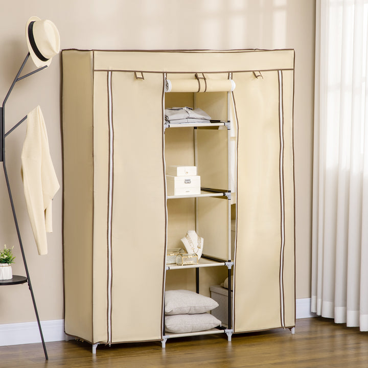 Stofgarderobe, opbevaringsløsning, 8 hylder, 2 garderobestativer, beige