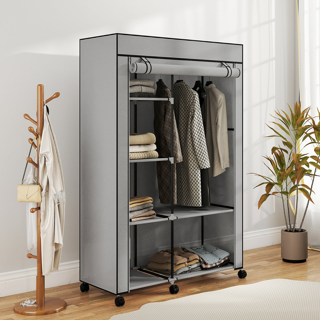 Stofgarderobe, opbevaringsløsning, 6 hylder, 1 garderobestang, lysegrå
