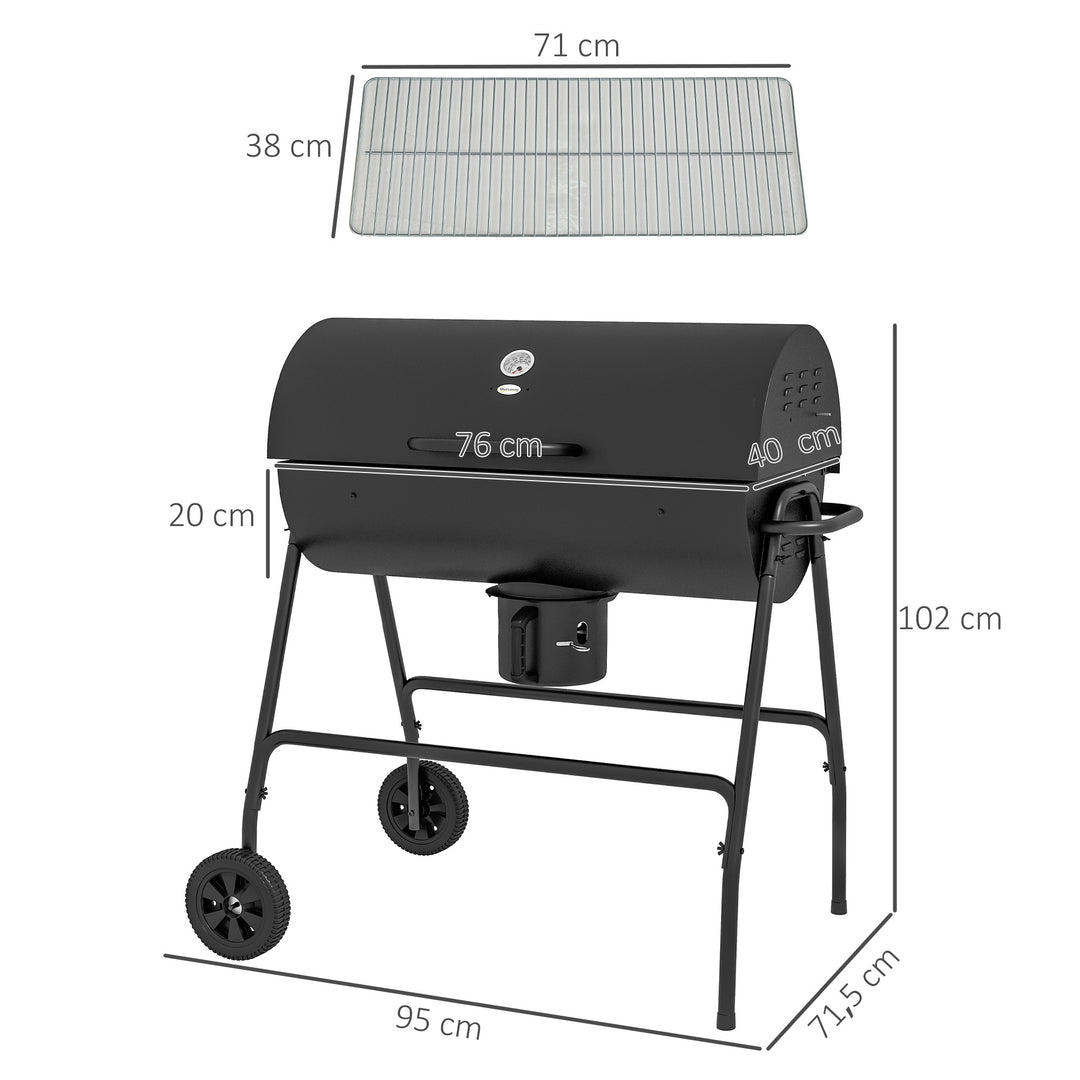 Metalkulgrill BBQ-ryger med låg, termometer, hjul, grillvogn, 95x71,5x102 cm, sort