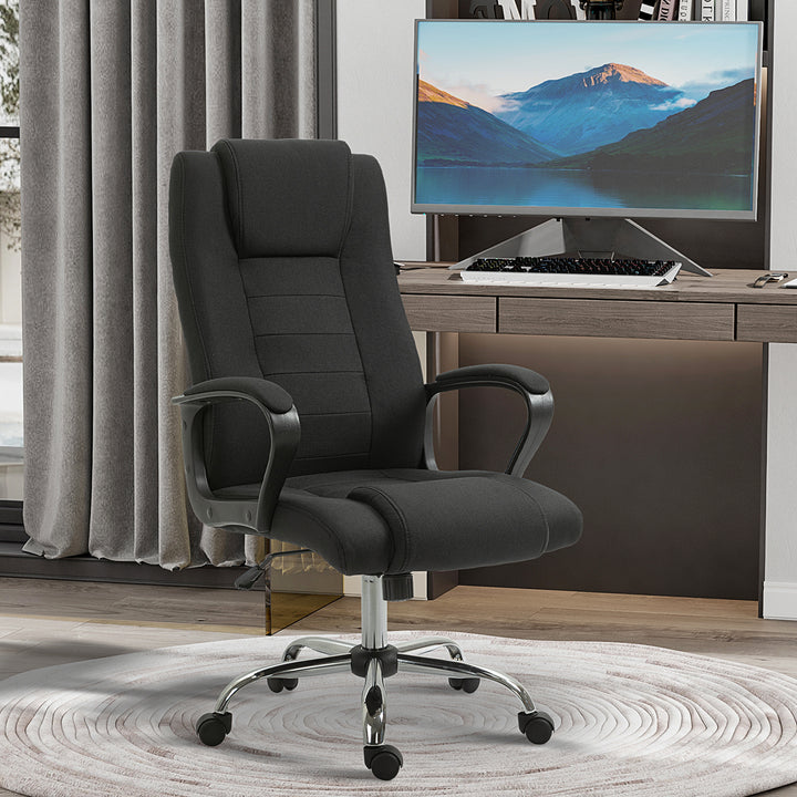 Kontorstol, computerstol med vippefunktion, nakkestøtte, ergonomisk skrivebordsstol, drejelig, højdejusterbar, sort linned-touch, 62 x 76 x 110-119 cm