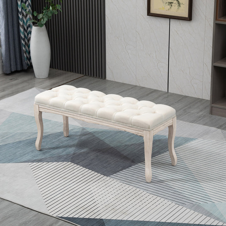 Polstret bænk med linnedbetræk, sengebænk med træramme, skobænk til soveværelse, stue, entre, 110 x 40 x 48 cm, beige