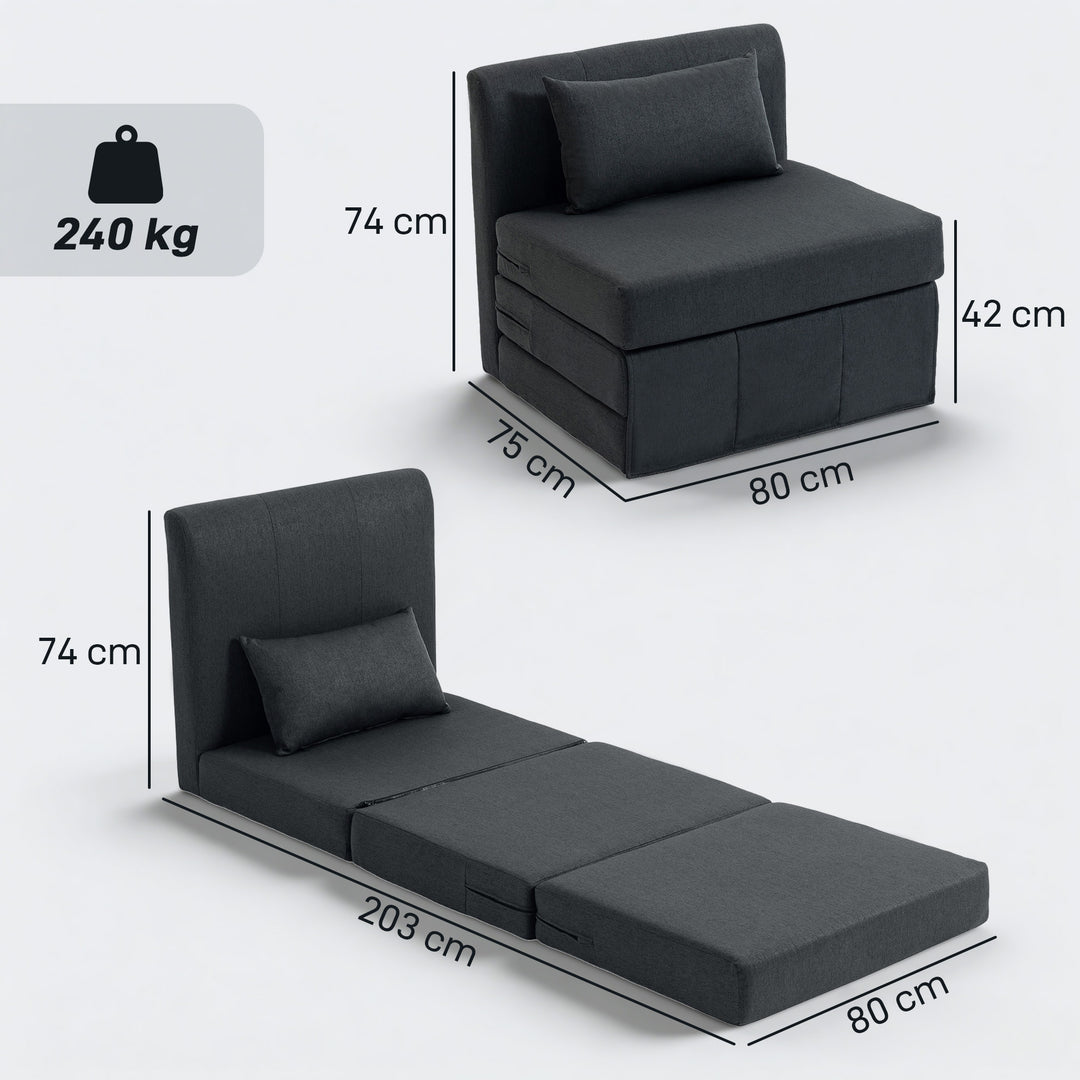 2-i-1 sovesofa, foldbar sovesofa med hørtekstur, polstret gæsteseng, klapstol, mørkegrå