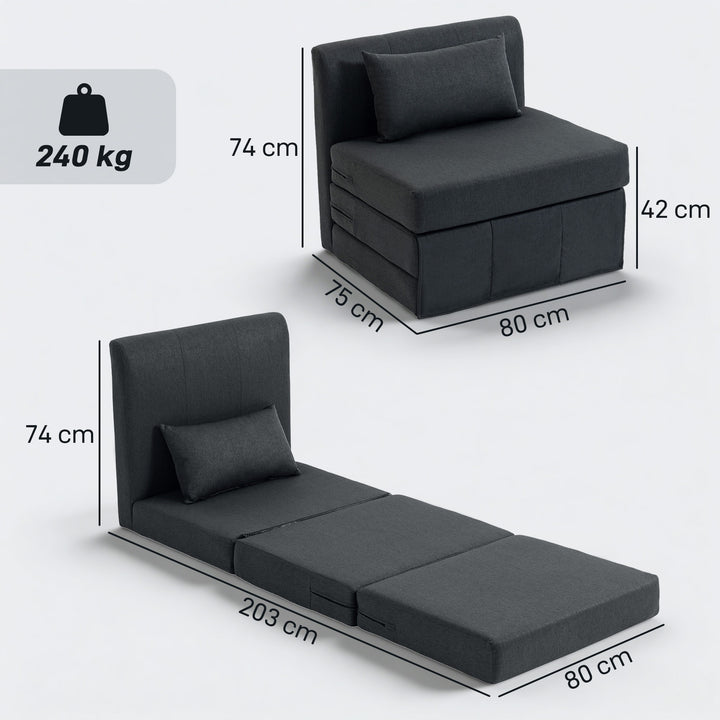 2-i-1 sovesofa, foldbar sovesofa med hørtekstur, polstret gæsteseng, klapstol, mørkegrå